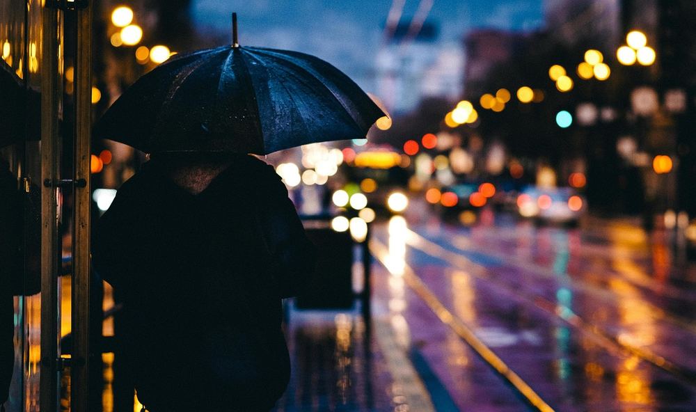 Rain and umbrellas in a UK city